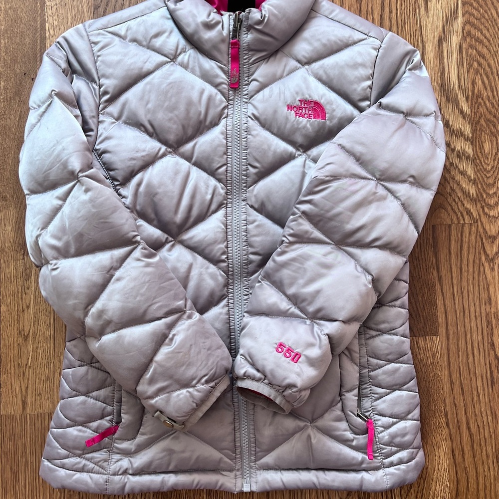 The North Face Gray Quilted Jacket with Pink Accents